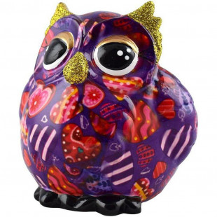 SALVADANAIO GUFO OLIVE M VIOLA DECORO CUORI