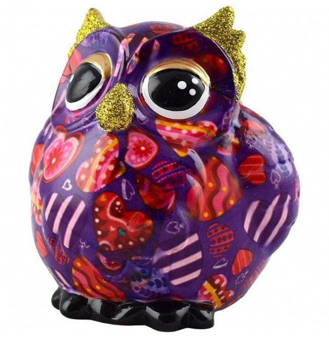 SALVADANAIO GUFO OLIVE M VIOLA DECORO CUORI
